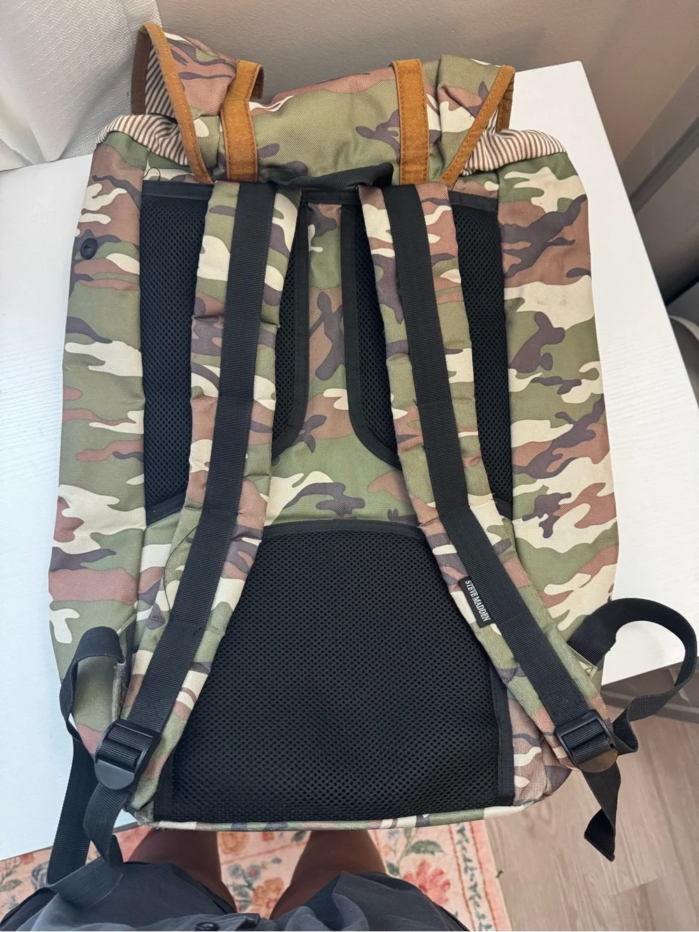 Steve Madden Camo Canvas Backpack with Brown Suede Straps
